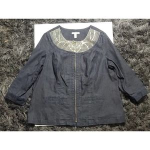 JM Woman Collection Stretch 16W Blue Zip Closure Sequin Stitching Denim Jacket